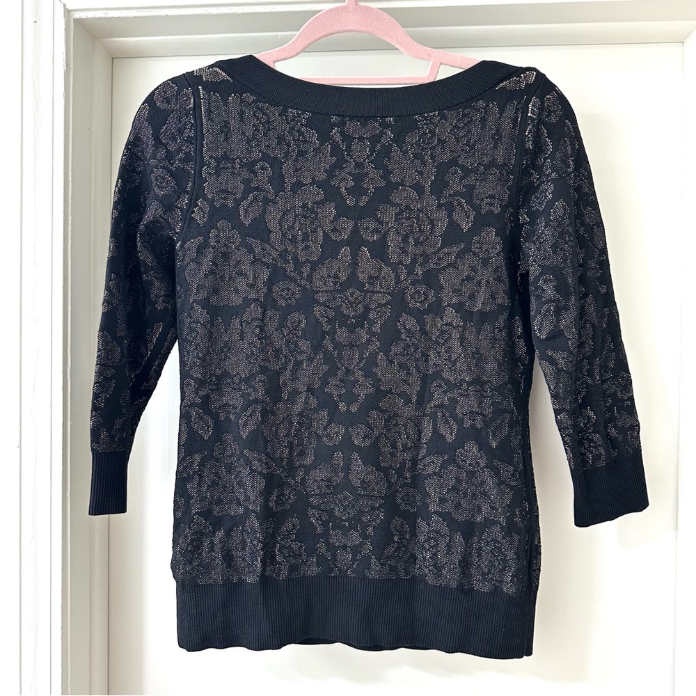 Ann Taylor Black Floral 3/4 Sleeve Sweater with Tan Underlay, Size Medium - Picture 8 of 8